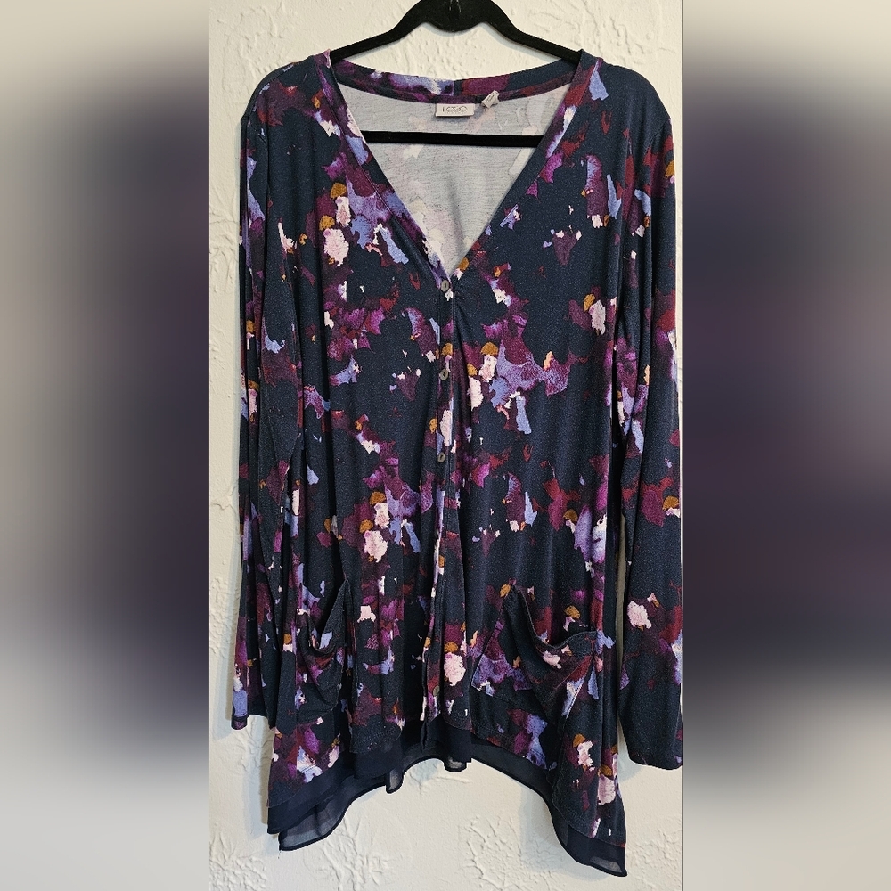 LOGO Lori Goldstein Floral Cardigan Sweater With Mesh Large
